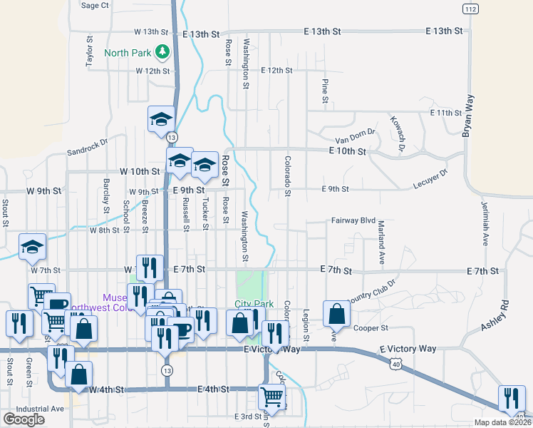 map of restaurants, bars, coffee shops, grocery stores, and more near 875 Lincoln Street in Craig