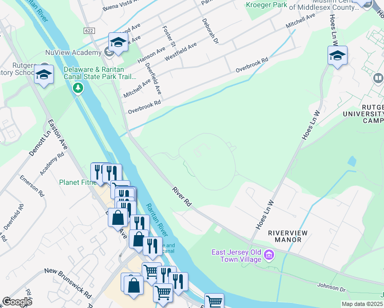 map of restaurants, bars, coffee shops, grocery stores, and more near 909 River Road in Piscataway Township