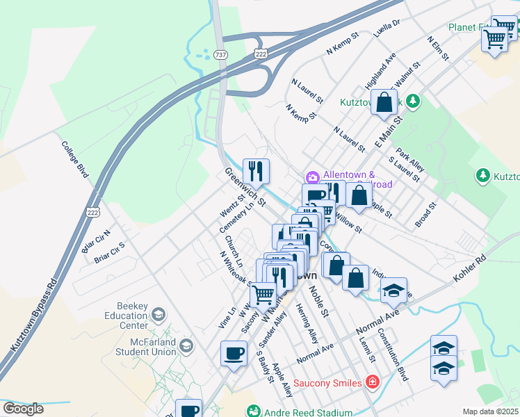 map of restaurants, bars, coffee shops, grocery stores, and more near 239 Greenwich Street in Kutztown