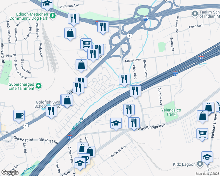 map of restaurants, bars, coffee shops, grocery stores, and more near 1208 Edison Glen Terrace in Edison
