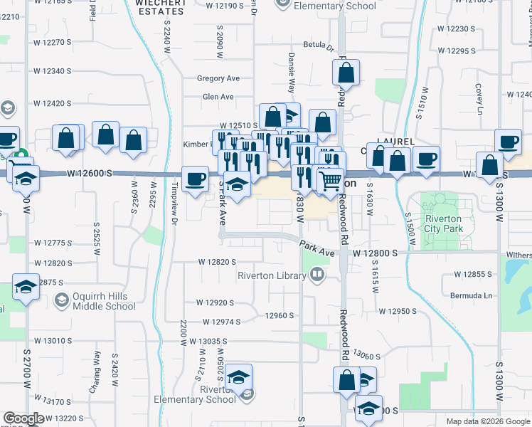 map of restaurants, bars, coffee shops, grocery stores, and more near 12702 City Heights Drive in Riverton