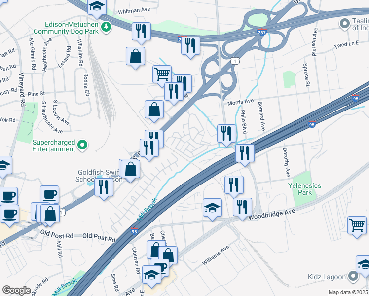 map of restaurants, bars, coffee shops, grocery stores, and more near 801 Edison Glen Terrace in Edison