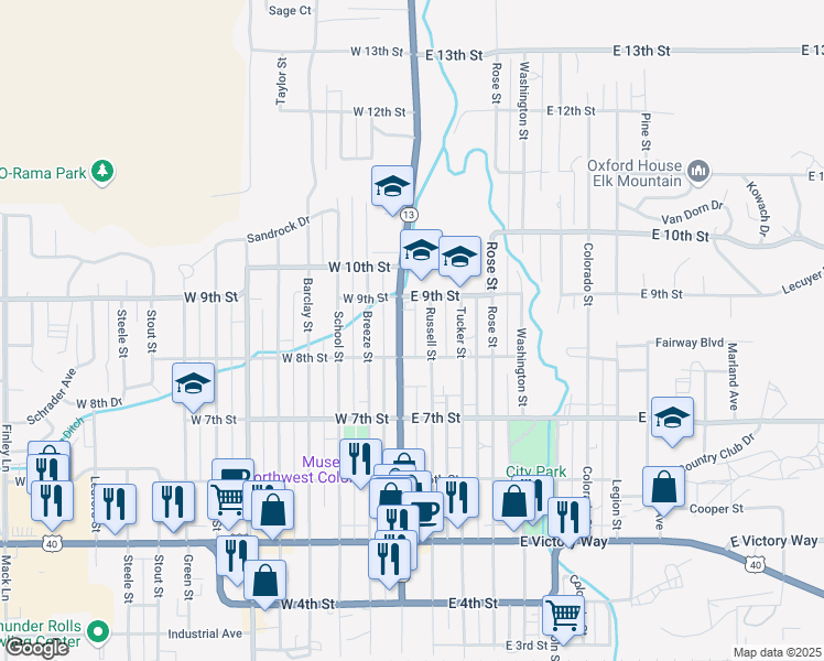 map of restaurants, bars, coffee shops, grocery stores, and more near 845 Yampa Avenue in Craig
