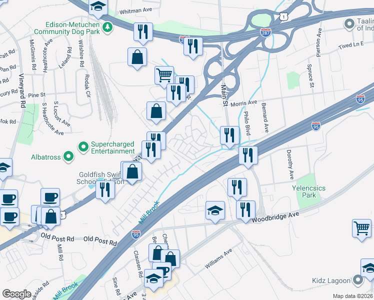 map of restaurants, bars, coffee shops, grocery stores, and more near 801 Edison Glen Terrace in Edison