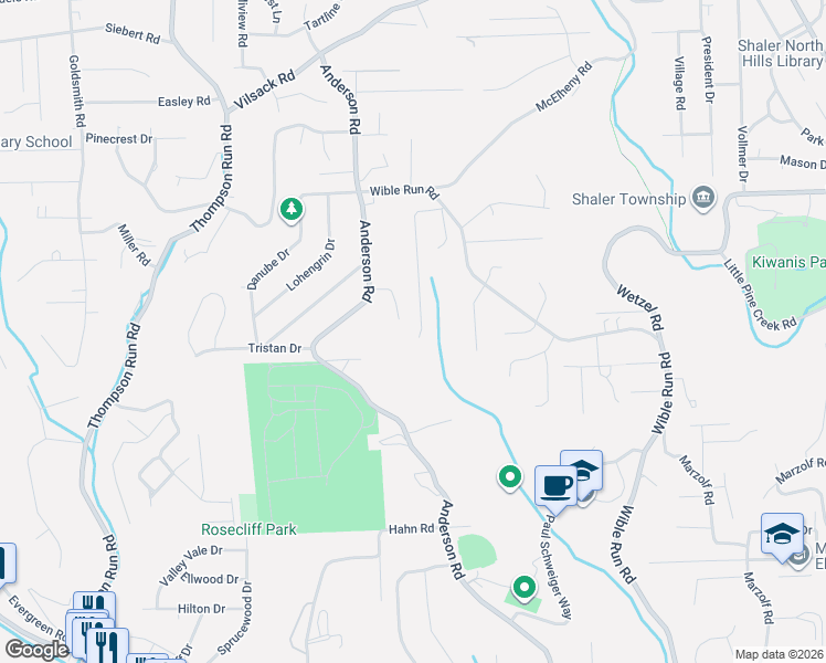 map of restaurants, bars, coffee shops, grocery stores, and more near 1544 Anderson Road in Pittsburgh