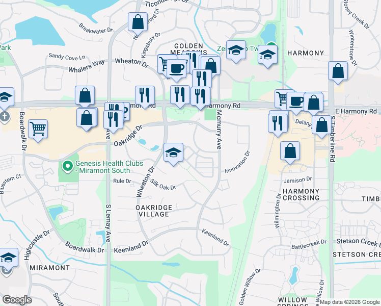map of restaurants, bars, coffee shops, grocery stores, and more near 4751 Pleasant Oak Drive in Fort Collins