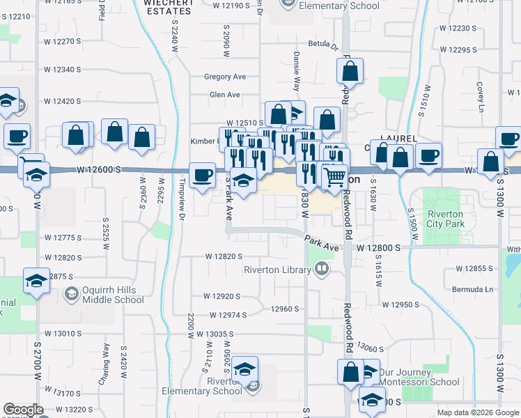map of restaurants, bars, coffee shops, grocery stores, and more near 12673 Stone Heights Drive in Riverton