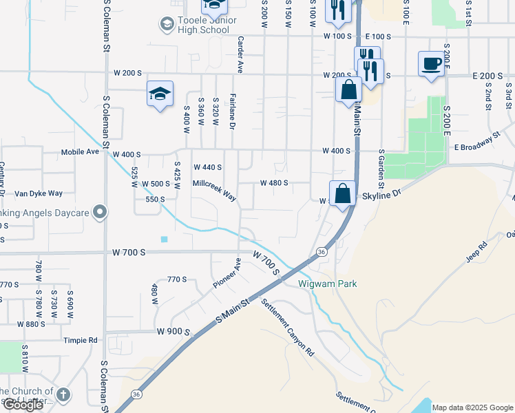 map of restaurants, bars, coffee shops, grocery stores, and more near 521 Canyon Way in Tooele