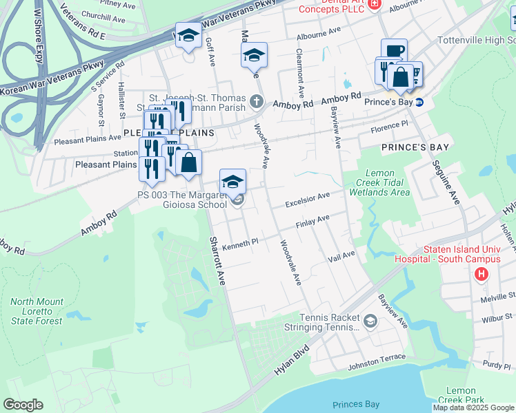map of restaurants, bars, coffee shops, grocery stores, and more near 144 Woodvale Avenue in Staten Island