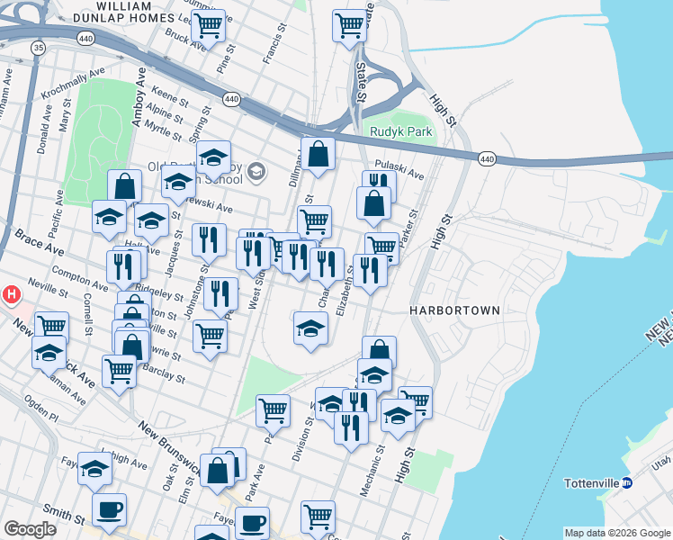 map of restaurants, bars, coffee shops, grocery stores, and more near 668 Cortlandt Street in Perth Amboy