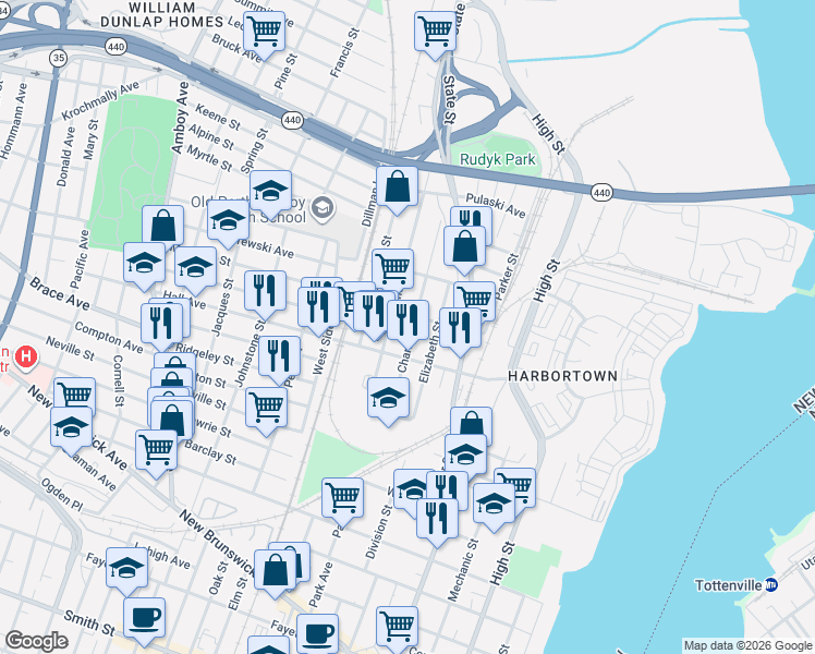 map of restaurants, bars, coffee shops, grocery stores, and more near 668 Cortlandt Street in Perth Amboy