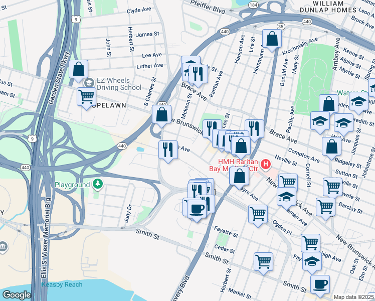 map of restaurants, bars, coffee shops, grocery stores, and more near 675 New Brunswick Avenue in Perth Amboy