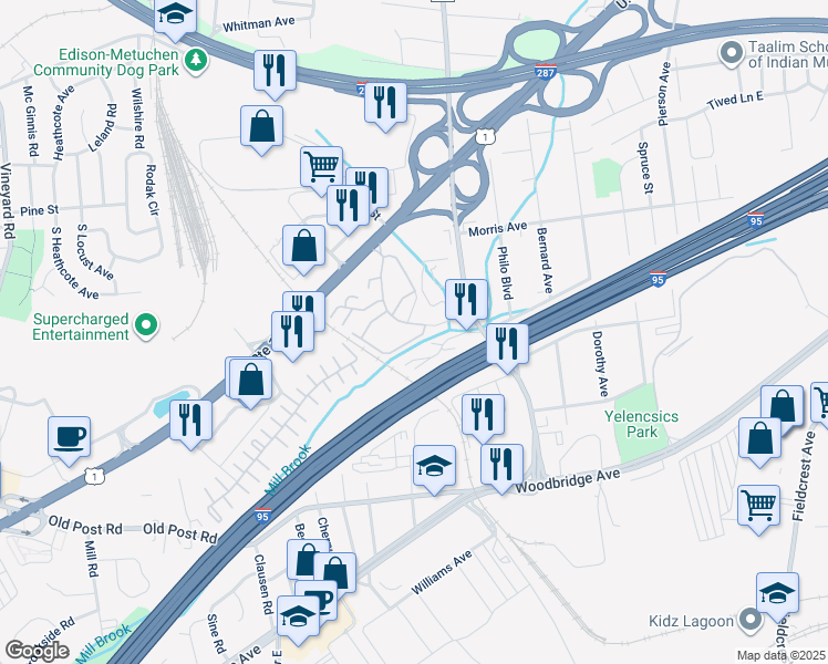 map of restaurants, bars, coffee shops, grocery stores, and more near 1208 Edison Glen Terrace in Edison