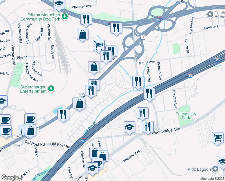 map of restaurants, bars, coffee shops, grocery stores, and more near 801 Edison Glen Terrace in Edison