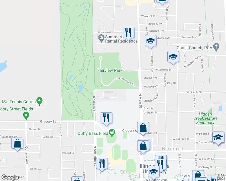 map of restaurants, bars, coffee shops, grocery stores, and more near 700 North Adelaide Street in Normal