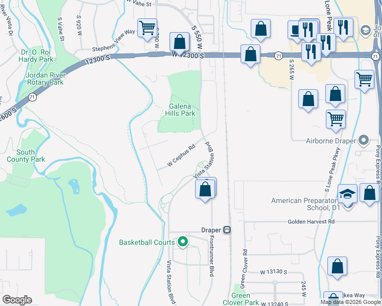 map of restaurants, bars, coffee shops, grocery stores, and more near 587 West Cephus Road in Draper
