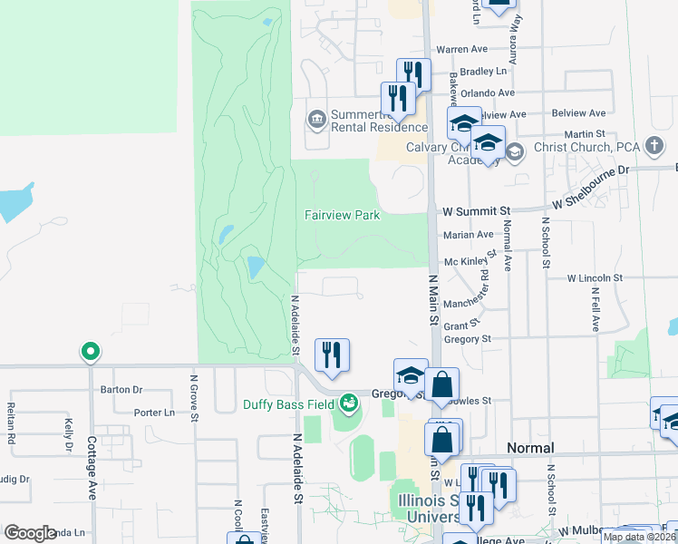 map of restaurants, bars, coffee shops, grocery stores, and more near 700 North Adelaide Street in Normal
