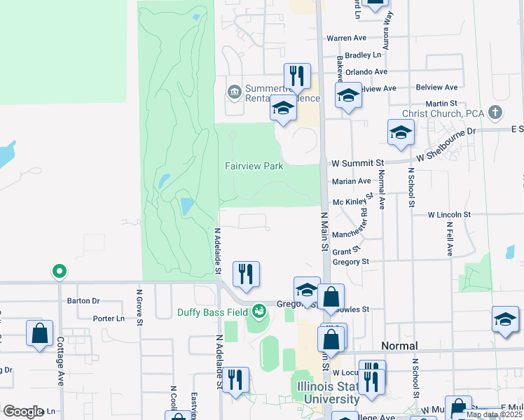 map of restaurants, bars, coffee shops, grocery stores, and more near 700 North Adelaide Street in Normal
