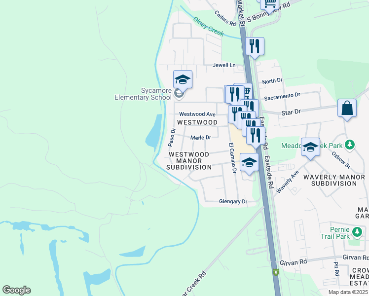 map of restaurants, bars, coffee shops, grocery stores, and more near 2010 Merle Drive in Redding