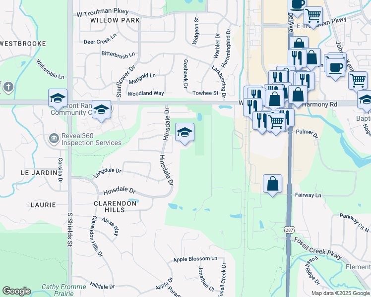 map of restaurants, bars, coffee shops, grocery stores, and more near 4800 Hinsdale Drive in Fort Collins