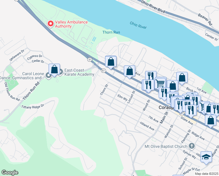map of restaurants, bars, coffee shops, grocery stores, and more near 509 Mount Vernon Avenue in Coraopolis
