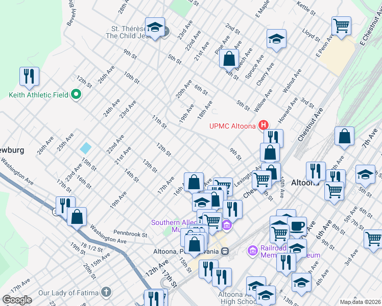 map of restaurants, bars, coffee shops, grocery stores, and more near 1101 18th Avenue in Altoona