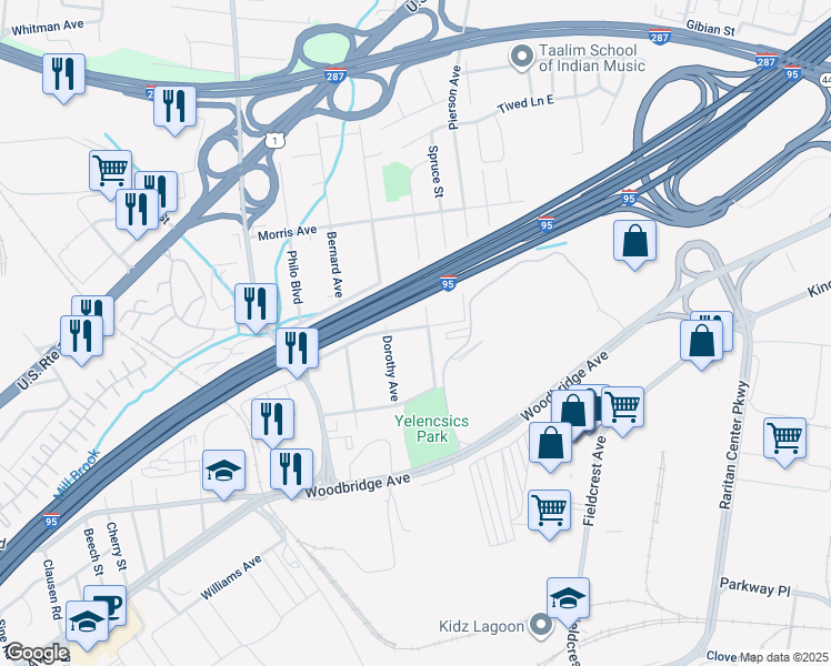map of restaurants, bars, coffee shops, grocery stores, and more near 44 Harrison Avenue in Edison