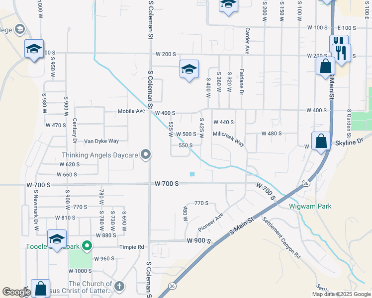 map of restaurants, bars, coffee shops, grocery stores, and more near 467 550 South in Tooele