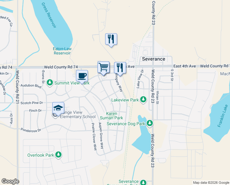 map of restaurants, bars, coffee shops, grocery stores, and more near 829 Sambar Drive in Severance