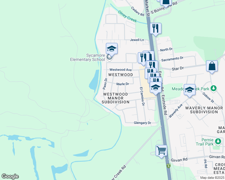 map of restaurants, bars, coffee shops, grocery stores, and more near 2010 Merle Drive in Redding