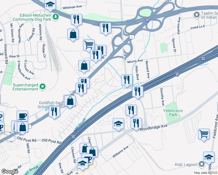 map of restaurants, bars, coffee shops, grocery stores, and more near 801 Edison Glen Terrace in Edison