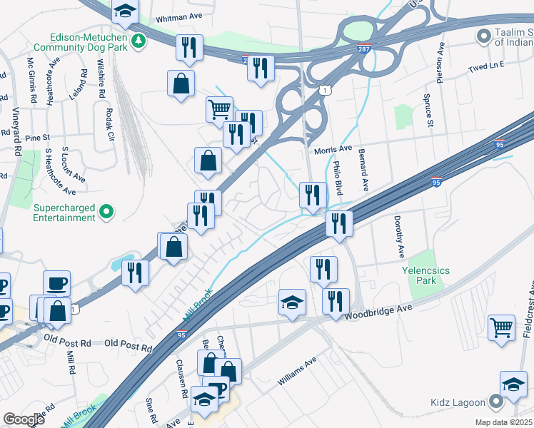 map of restaurants, bars, coffee shops, grocery stores, and more near 801 Edison Glen Terrace in Edison