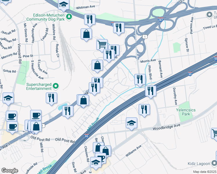 map of restaurants, bars, coffee shops, grocery stores, and more near 411 Edison Glen Terrace in Edison