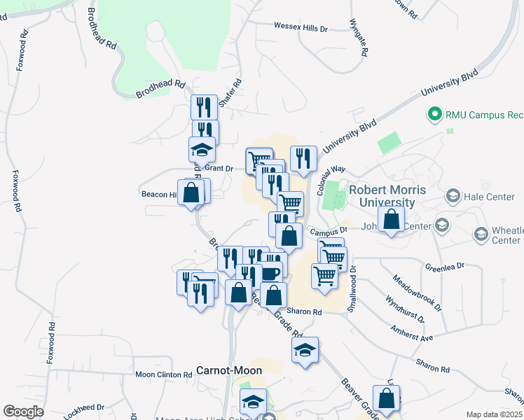 map of restaurants, bars, coffee shops, grocery stores, and more near 5990 University Boulevard in Carnot-Moon