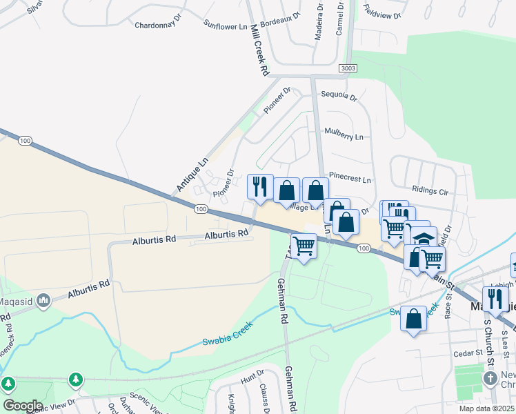 map of restaurants, bars, coffee shops, grocery stores, and more near 6479 Donegal Drive in Macungie