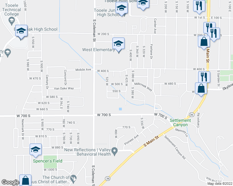 map of restaurants, bars, coffee shops, grocery stores, and more near 467 550 South in Tooele