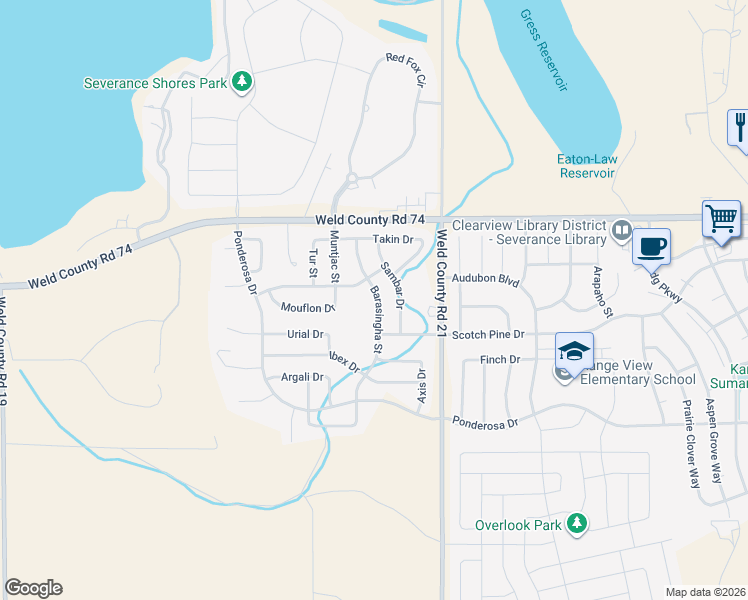 map of restaurants, bars, coffee shops, grocery stores, and more near 916 Barasingha Street in Severance