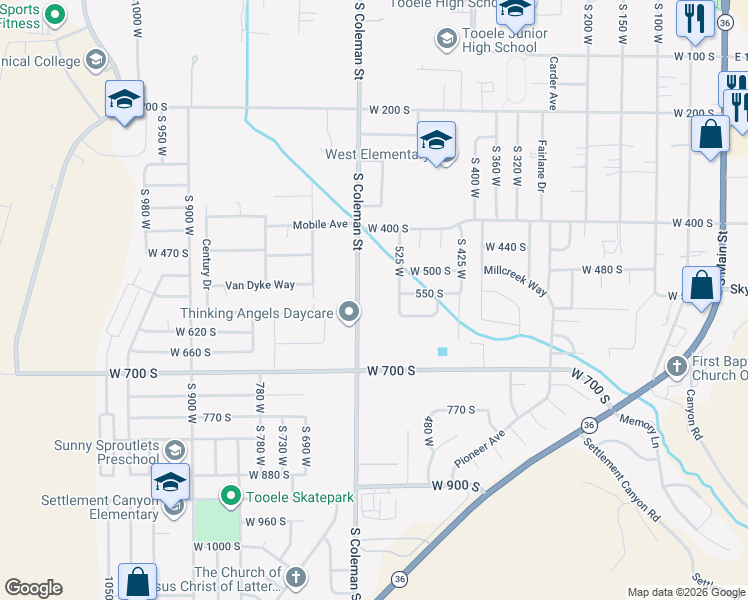 map of restaurants, bars, coffee shops, grocery stores, and more near 505 South Coleman Street in Tooele