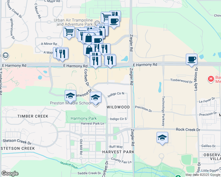 map of restaurants, bars, coffee shops, grocery stores, and more near 2921 Timberwood Drive in Fort Collins