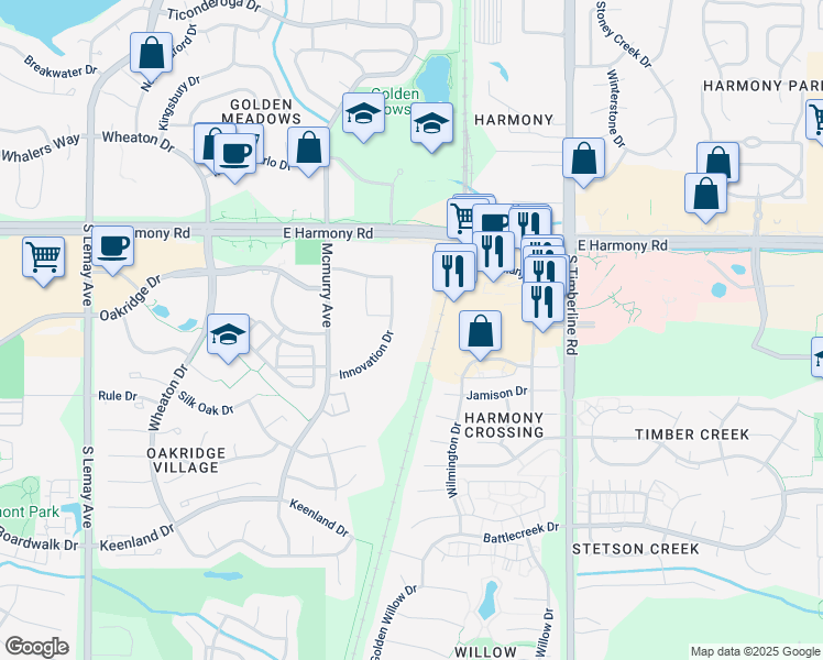 map of restaurants, bars, coffee shops, grocery stores, and more near 4700 Innovation Drive in Fort Collins