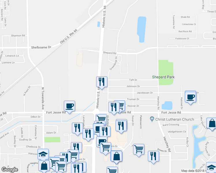 map of restaurants, bars, coffee shops, grocery stores, and more near 499 Greenbriar Drive in Normal