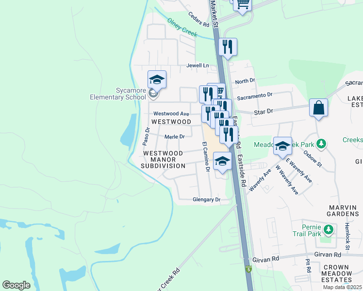 map of restaurants, bars, coffee shops, grocery stores, and more near 6471 Elmira Drive in Redding