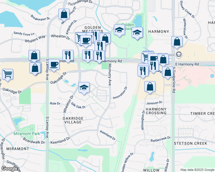 map of restaurants, bars, coffee shops, grocery stores, and more near 4750 Pleasant Oak Drive in Fort Collins