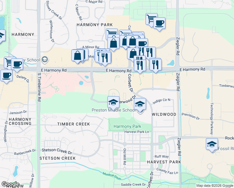 map of restaurants, bars, coffee shops, grocery stores, and more near Unnamed Road in Fort Collins