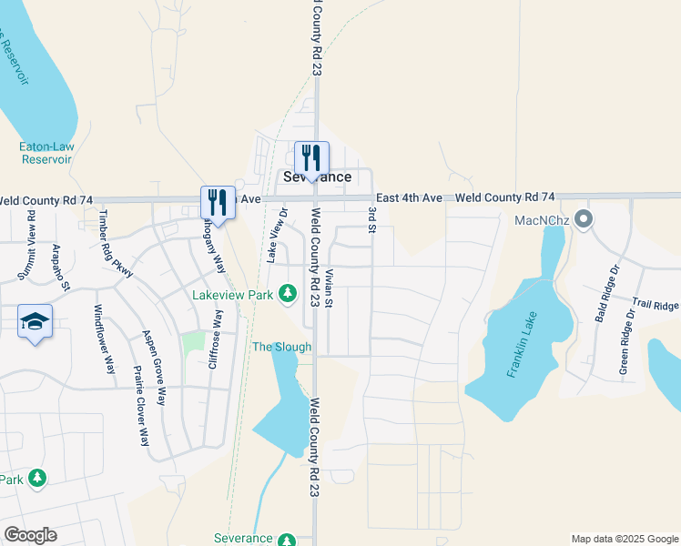 map of restaurants, bars, coffee shops, grocery stores, and more near 303 Central Avenue in Severance