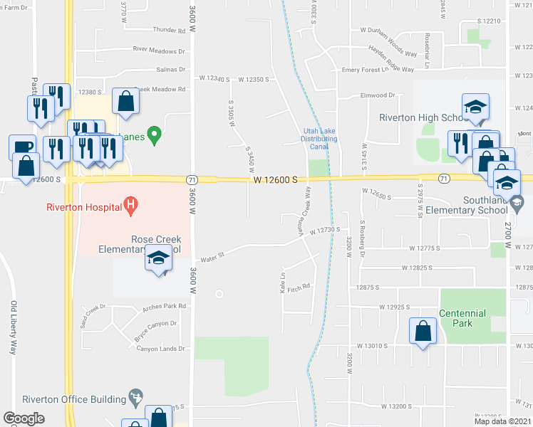 map of restaurants, bars, coffee shops, grocery stores, and more near 3419 West 12600 South in Riverton