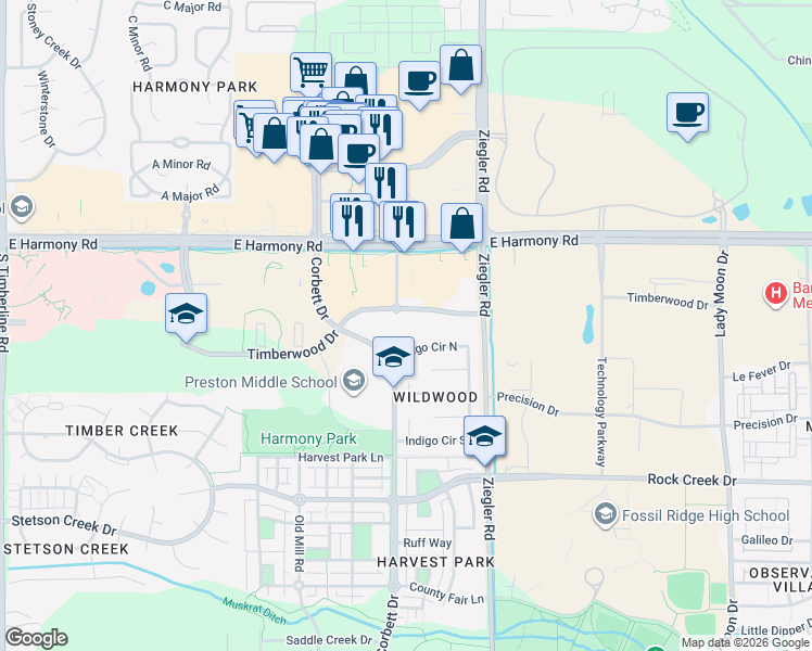 map of restaurants, bars, coffee shops, grocery stores, and more near 601 Timberwood Drive in Fort Collins
