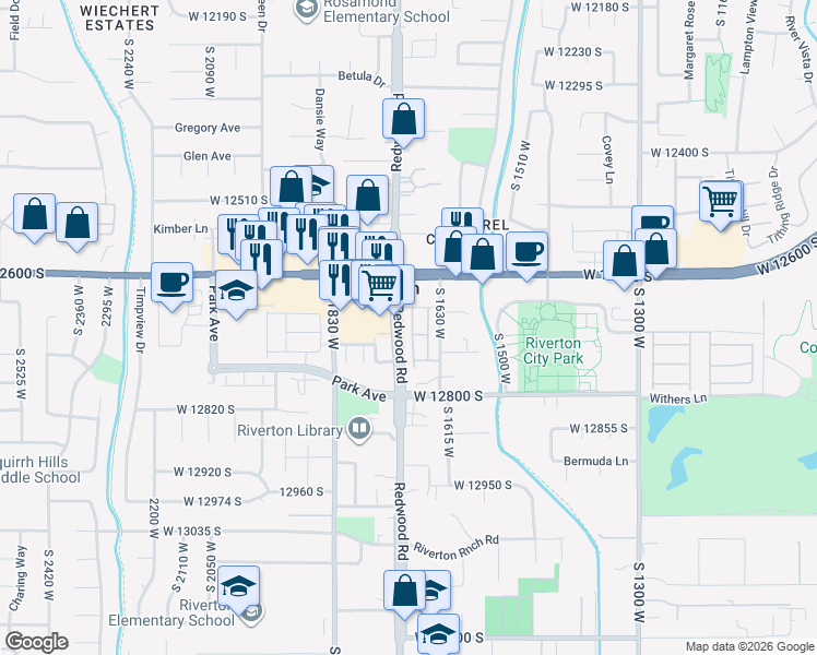 map of restaurants, bars, coffee shops, grocery stores, and more near 12670 South Redwood Road in Riverton