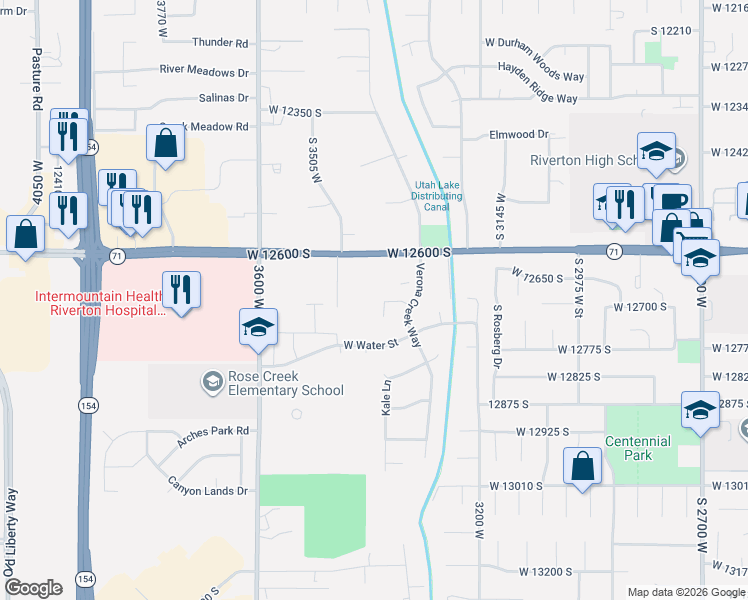 map of restaurants, bars, coffee shops, grocery stores, and more near 3419 West 12600 South in Riverton
