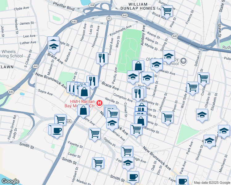 map of restaurants, bars, coffee shops, grocery stores, and more near 454 Brace Avenue in Perth Amboy